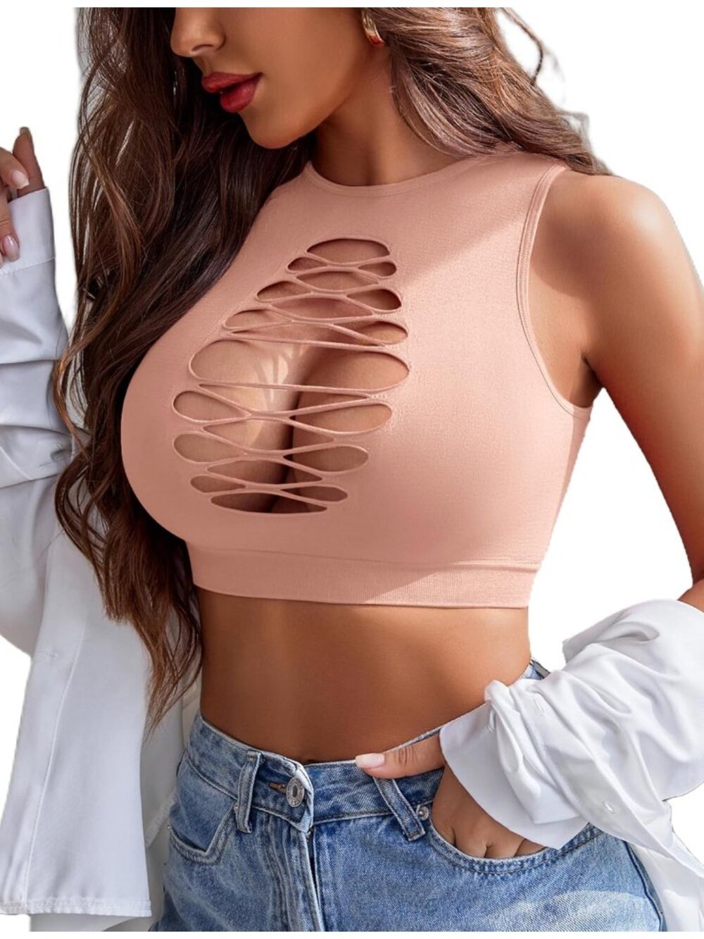 Women's Light Pink Fishnet Tank Top Cutout Stretch Rave Goth Festival One Size